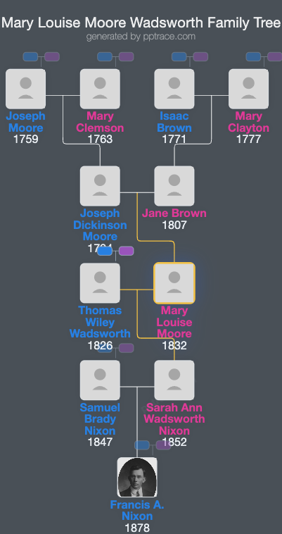 Mary Louise Moore Wadsworth family tree overview