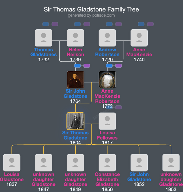 Sir Thomas Gladstone, 2nd Baronet family tree overview
