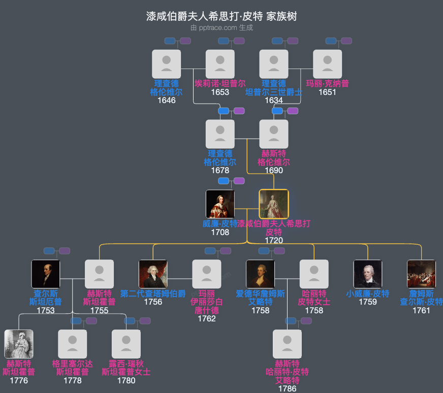 漆咸伯爵夫人希思打·皮特家族树全览